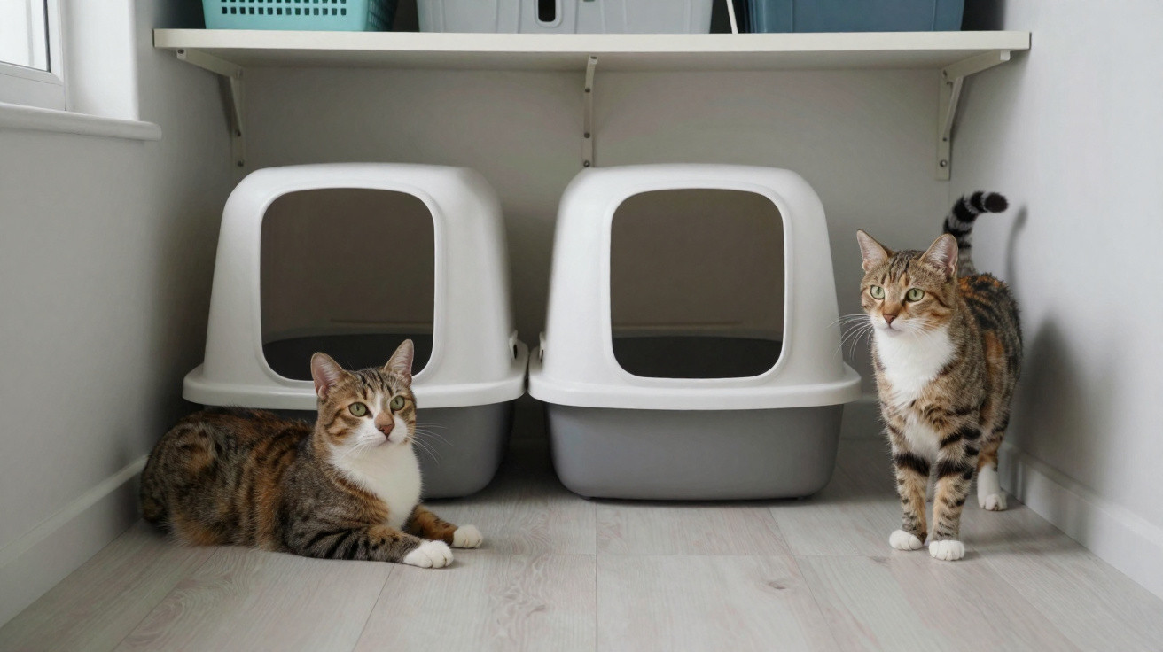 Dois gatos perto de casas de gato fechadas em chão de madeira clara junto a uma janela.
