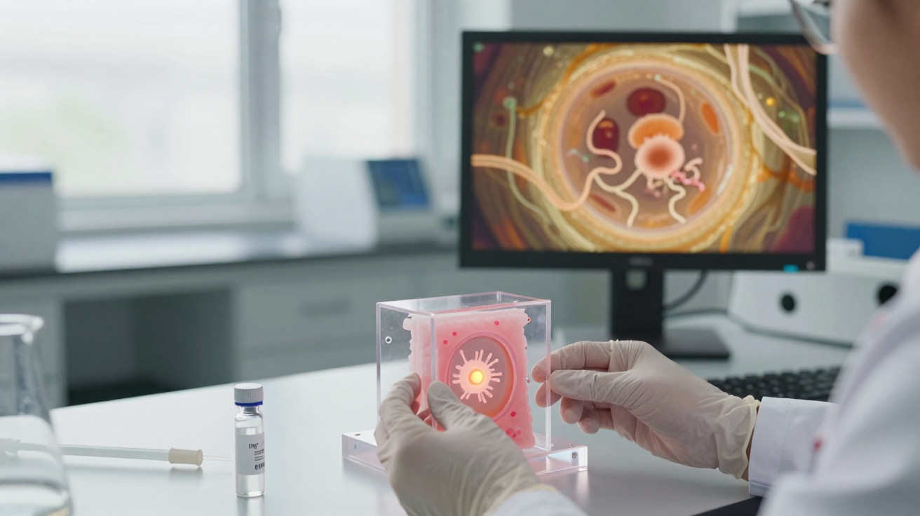 Cientista segura modelo 3D de célula em laboratório com imagem microscópica exibida em monitor ao fundo.