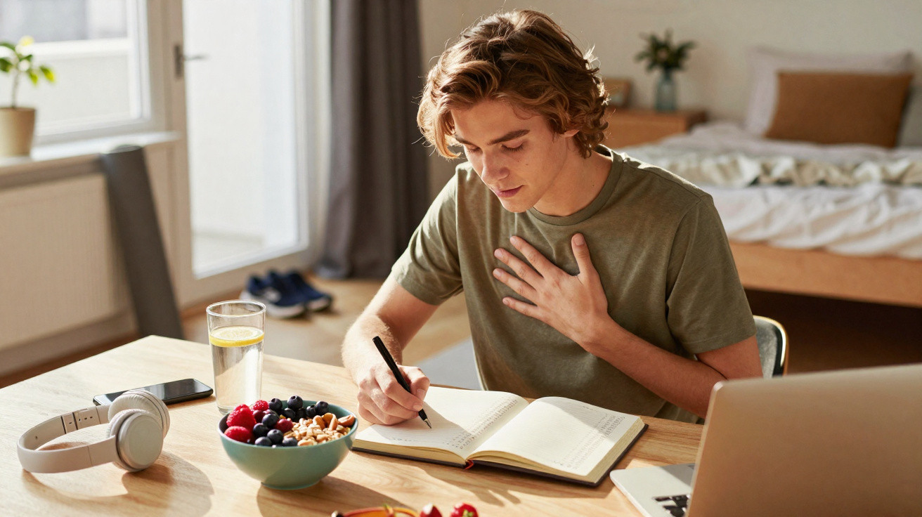 Jovem sentado a escrever num caderno com computador, e uma tigela de frutas e água na mesa iluminada pelo sol.