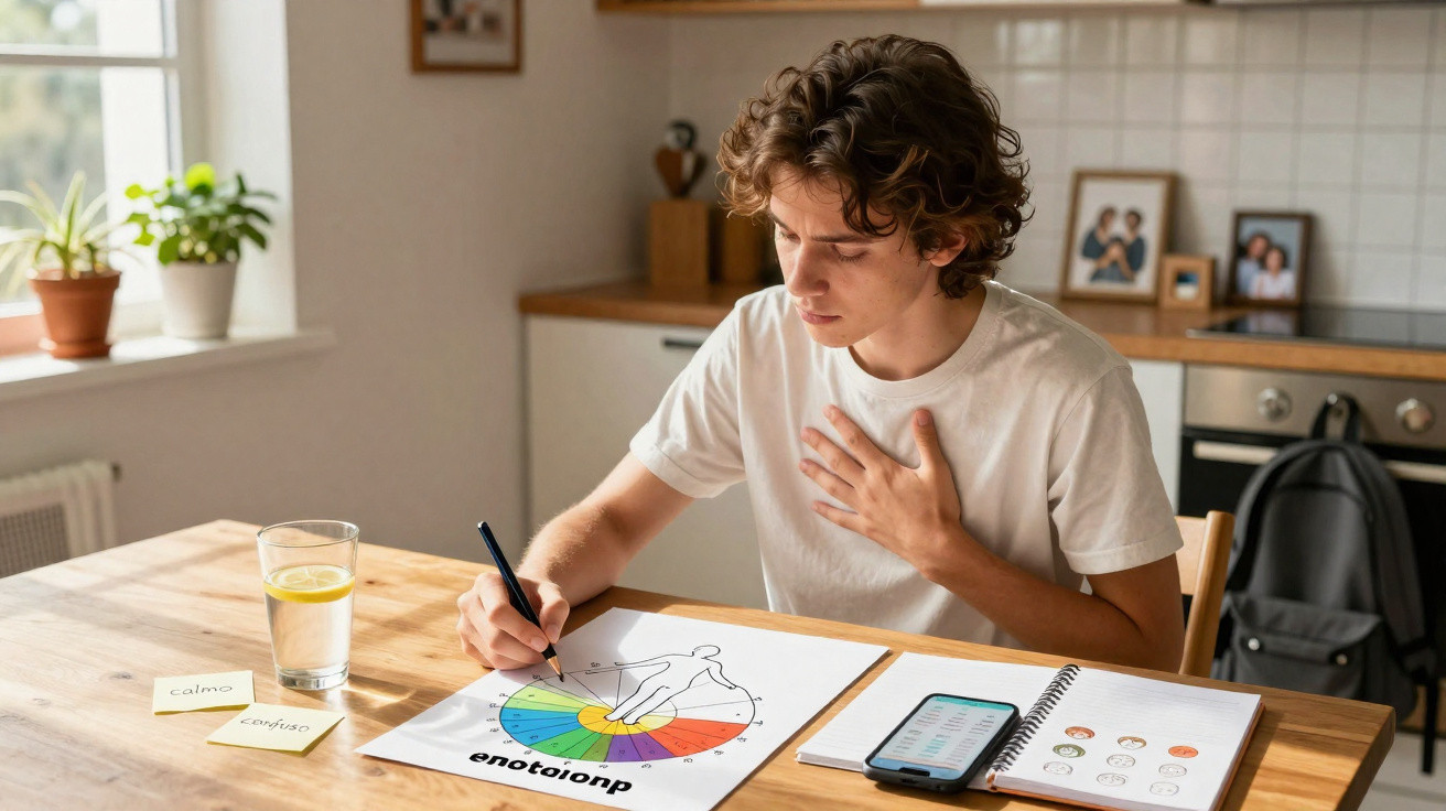 Jovem sentado a desenhar e a estudar a roda das emoções numa cozinha iluminada.