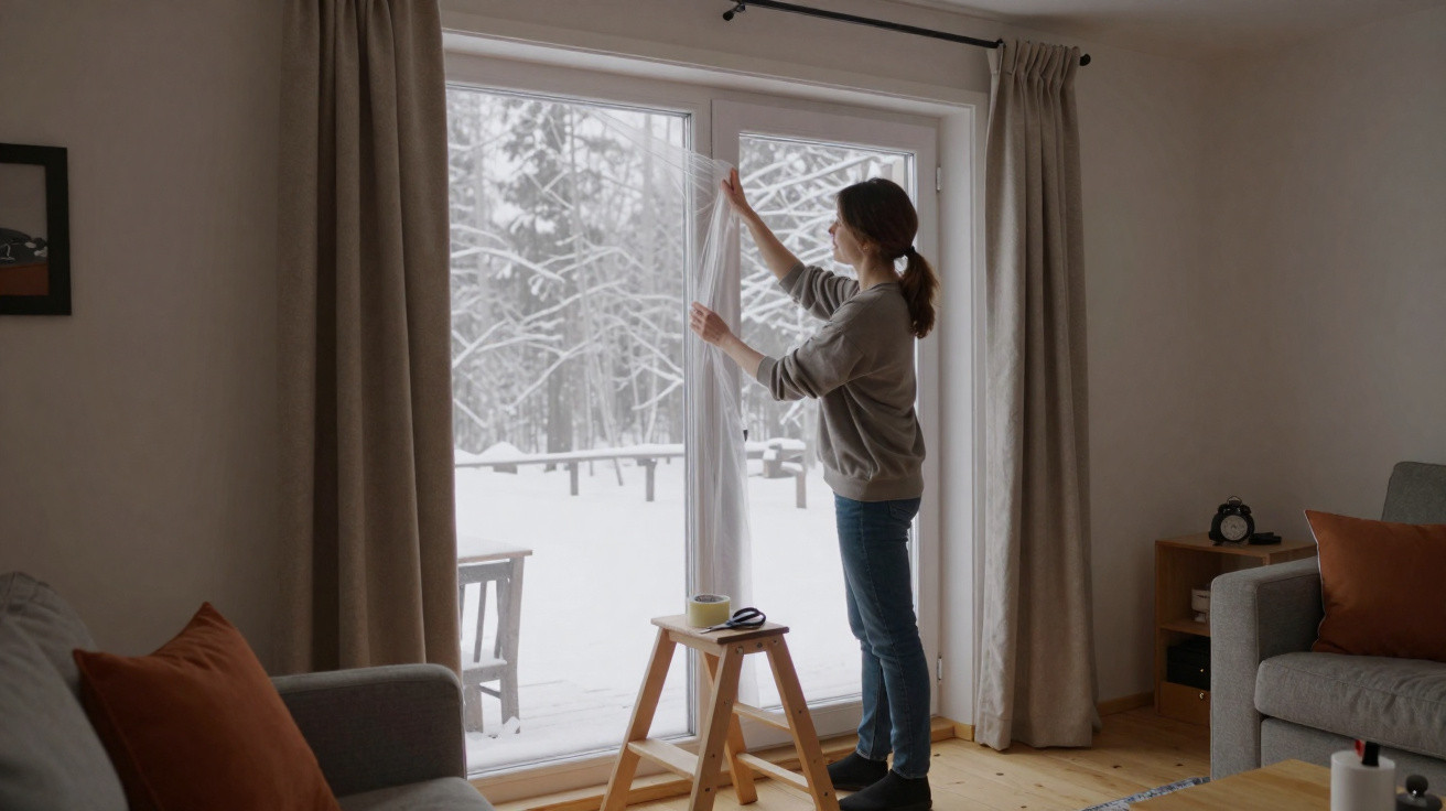 Mulher a instalar película transparente numa porta de vidro numa sala com neve visível no exterior.