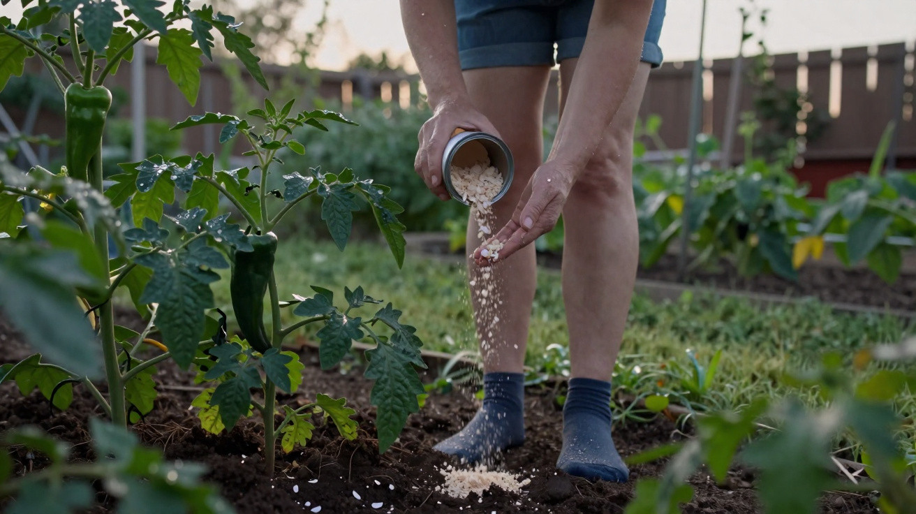 Pessoa a fertilizar o solo num jardim onde crescem plantas de tomate e pimento verde.
