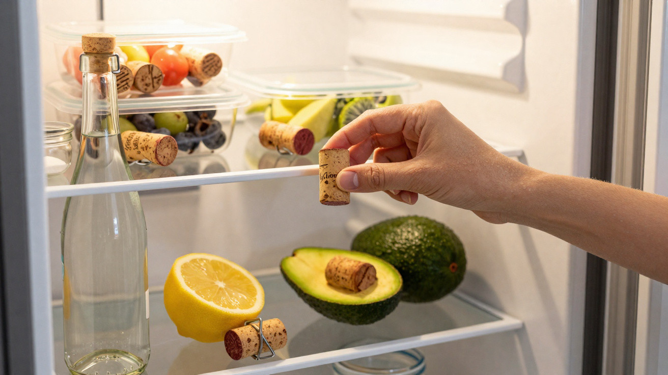 Mãos a guardar rolhas de cortiça num frigorífico com frutas, legumes e garrafa de vidro.