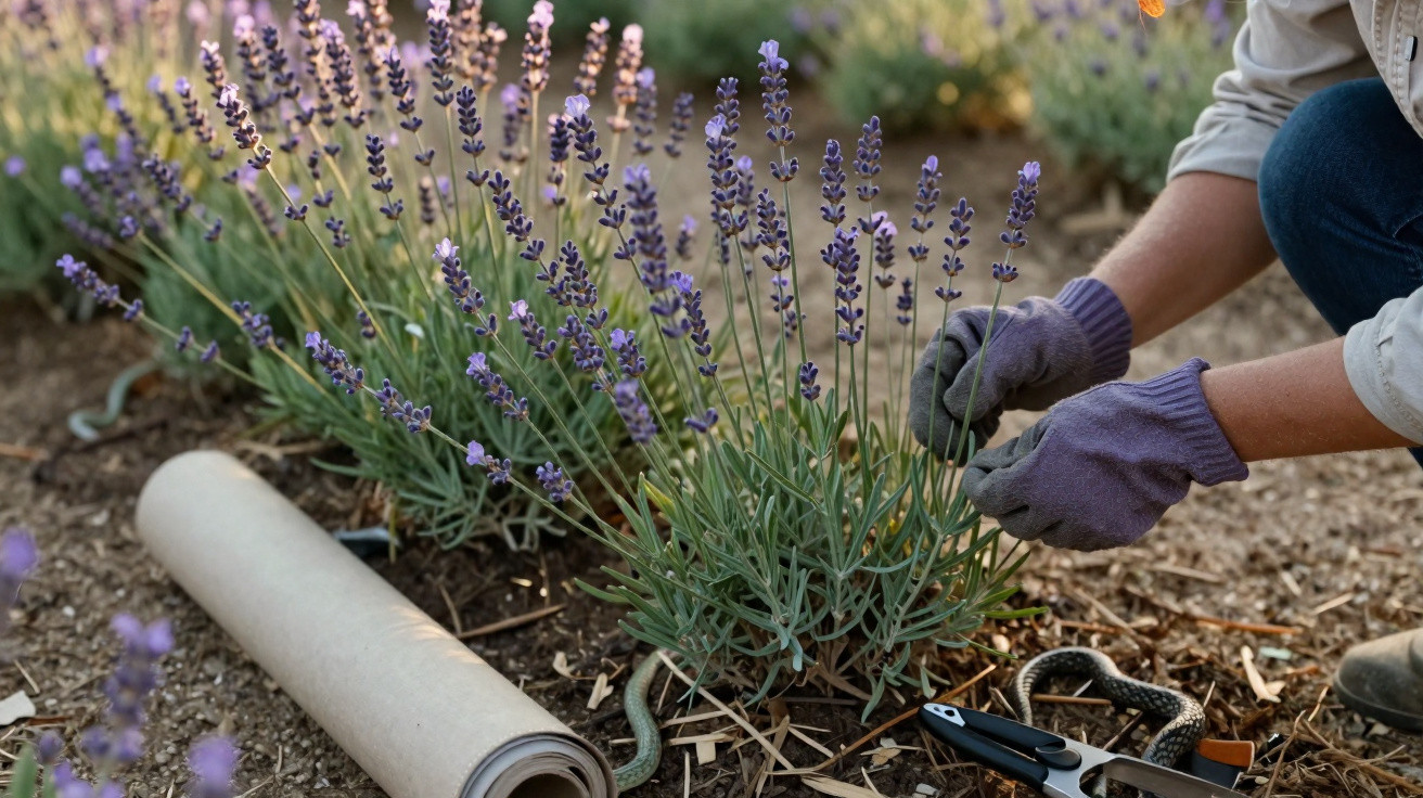 Pessoa com luvas a enrolar um tapete ao lado de plantas de lavanda e ferramentas de jardinagem num canteiro.
