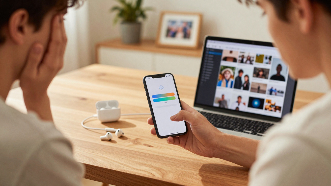 Pessoa a usar telemóvel com aplicação aberta e computador portátil com fotos em cima de mesa de madeira.