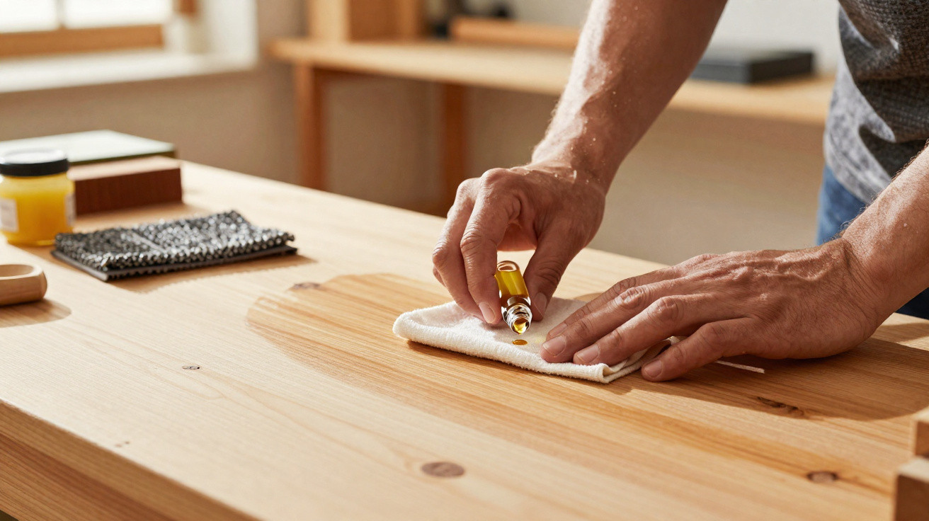 Mãos a aplicar óleo numa superfície de madeira com um pano branco sobre uma mesa clara.