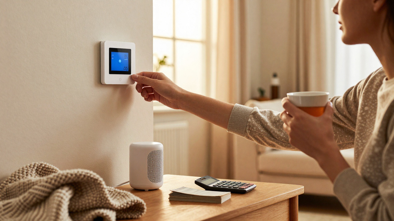 Pessoa ajusta termostato digital na parede enquanto segura chá quente numa sala iluminada.