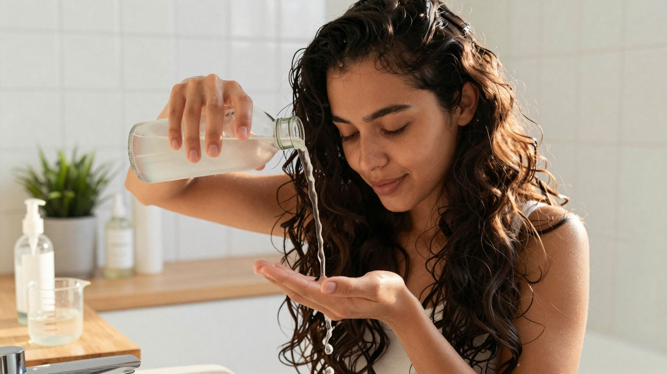 Mulher com cabelo encaracolado a verter líquido transparente na palma da mão numa casa de banho moderna.