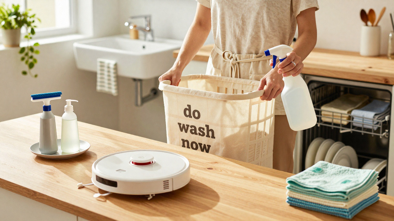 Pessoas a arrumar produtos de limpeza e panos num cesto com texto “wash now”, junto a um robot de limpeza numa cozinha.