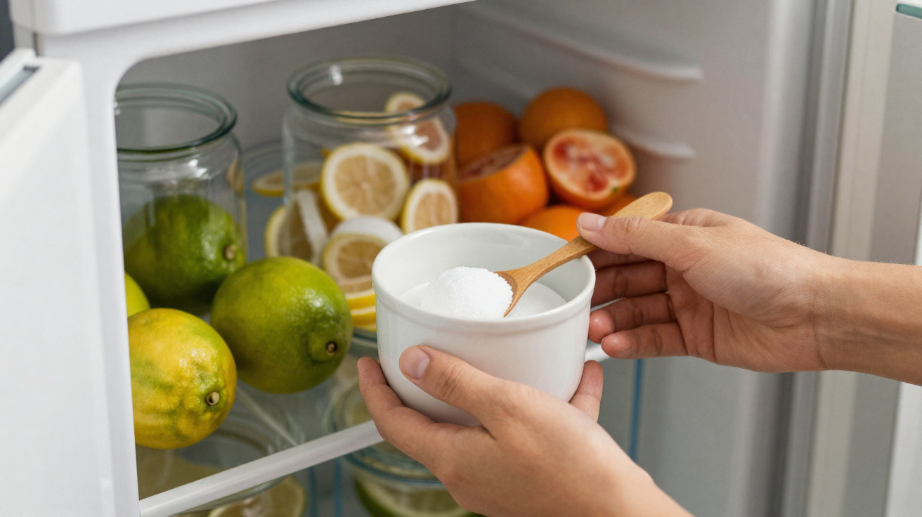 Mãos a guardar bicarbonato de sódio num recipiente dentro do frigorífico com frutas e legumes em frascos.