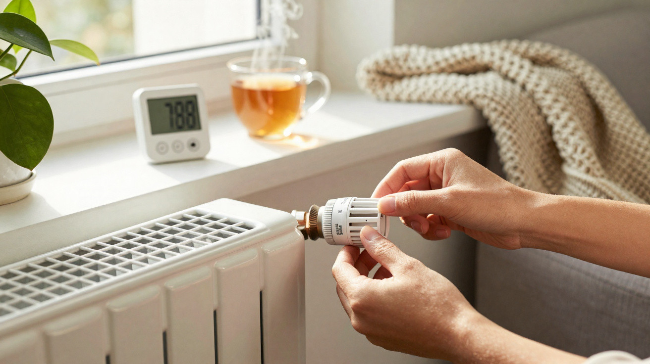 Mãos a ajustar o termóstato de um radiador branco numa sala com chá fumegante na janela.