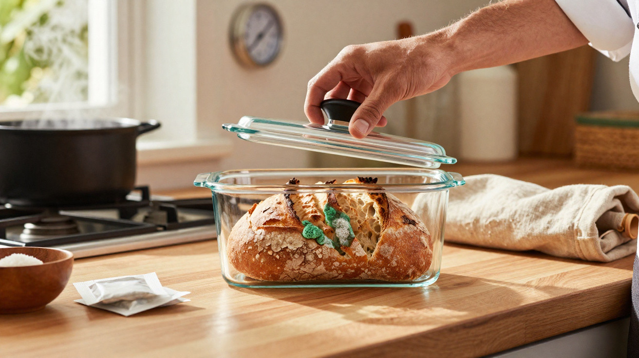 Pessoa a fechar caixa de vidro com fatia de pão com bolor verde numa bancada de madeira na cozinha.