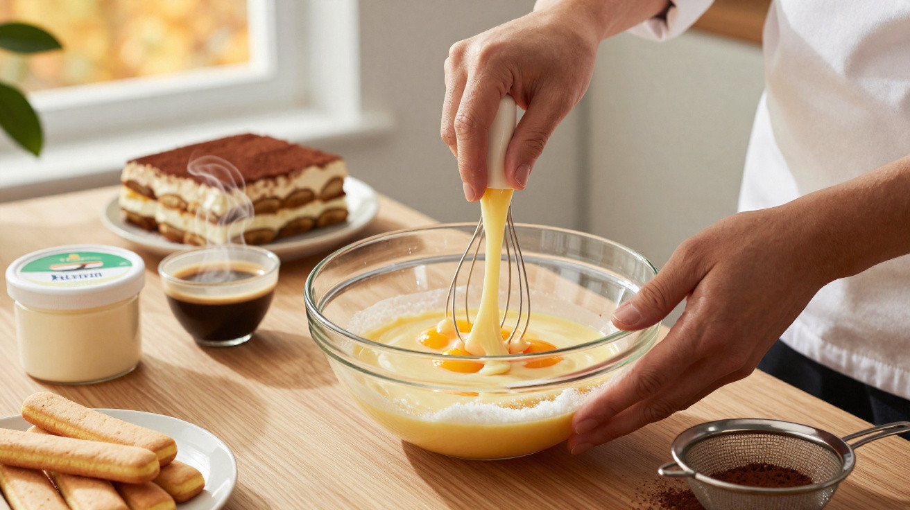 Mãos a bater ovos com batedor numa taça de vidro, com ingredientes e tiramisù na mesa de madeira.