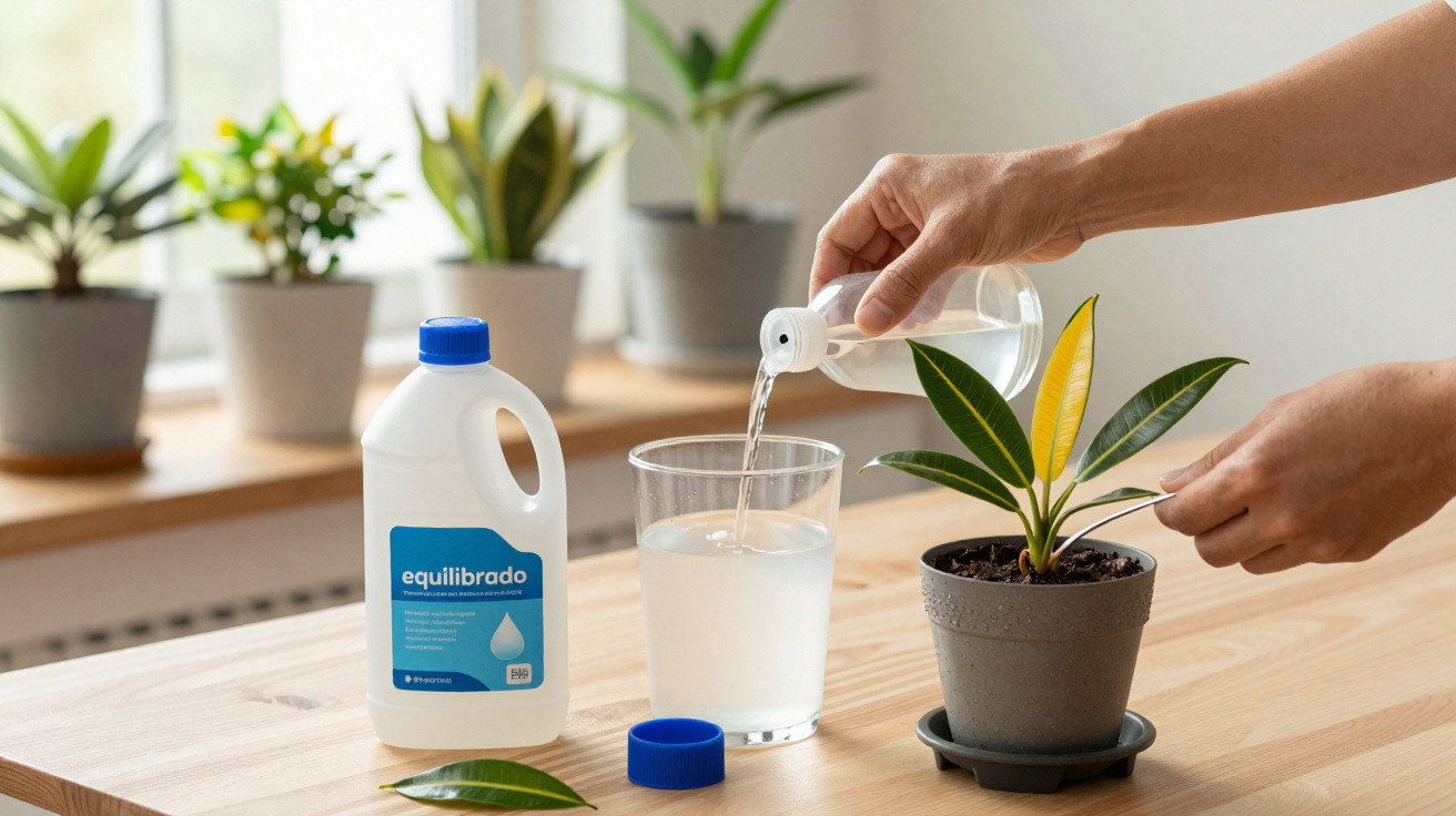 Mãos a regar uma pequena planta em vaso cinza, com várias plantas ao fundo numa mesa de madeira.