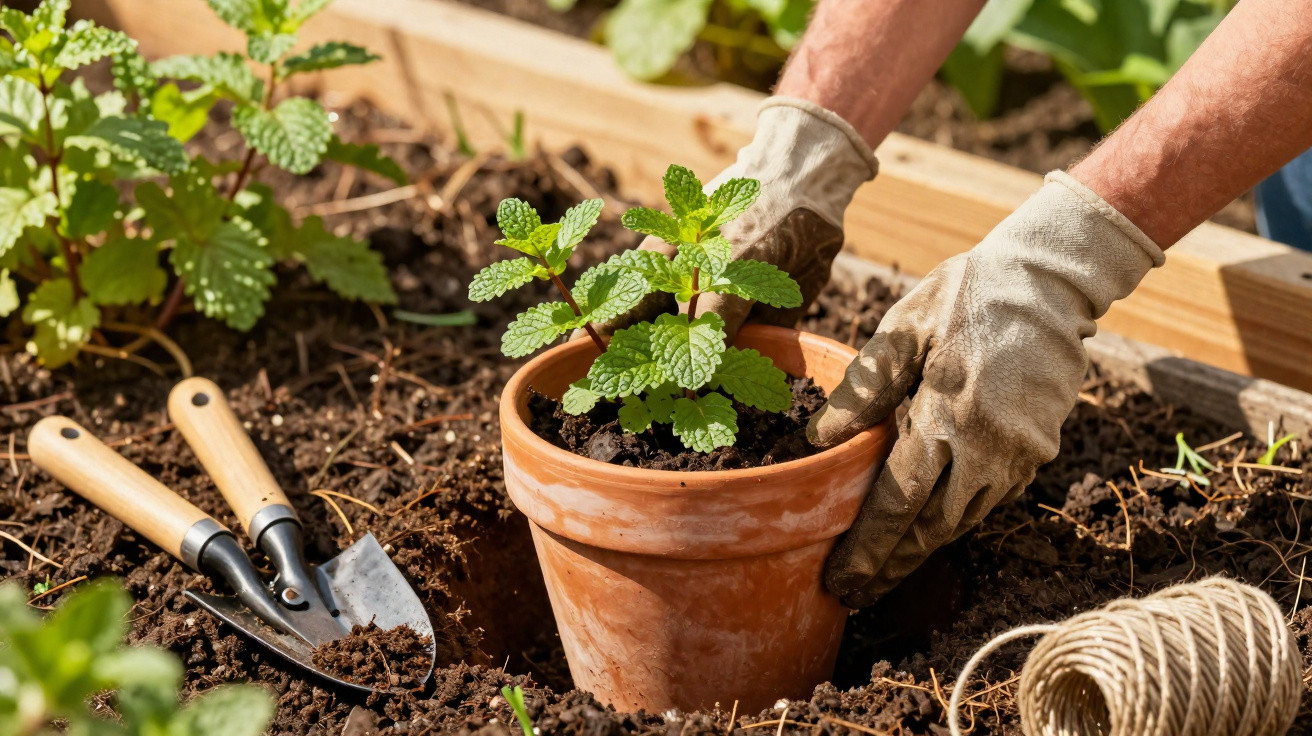 Mãos com luvas a transplantar planta aromática em vaso de barro no canteiro de jardim com ferramentas.