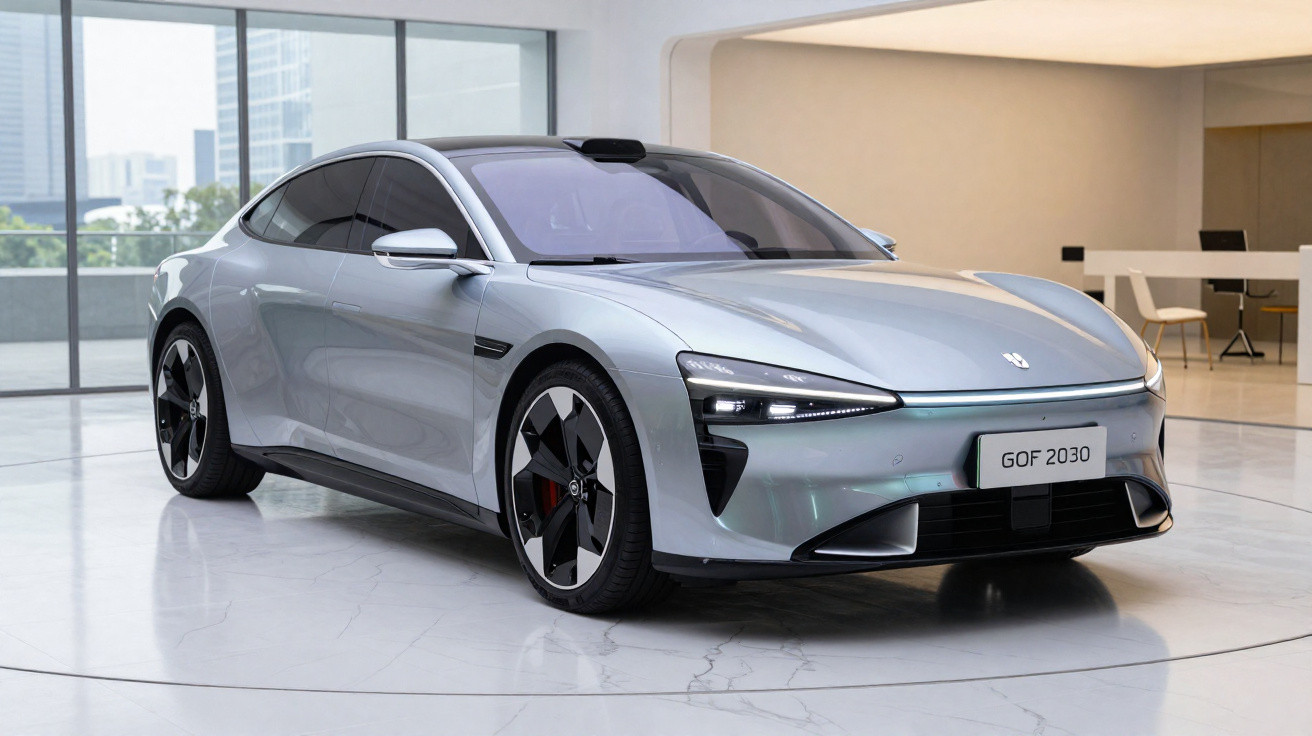 Carro desportivo eléctrico cinzento com design aerodinâmico e detalhes modernos numa sala iluminada.