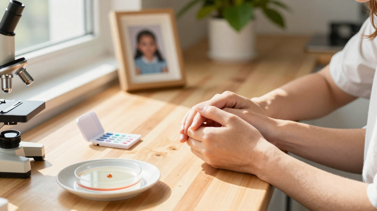 Criança com o braço estendido enquanto um adulto lhe segura a mão sobre uma mesa com teste rápido e lâmina.