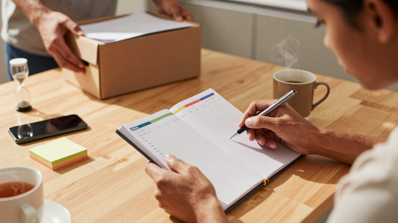 Pessoa a escrever numa agenda com caneta, numa mesa de madeira com chá, telemóvel, notas autocolantes e caixa de cartão.
