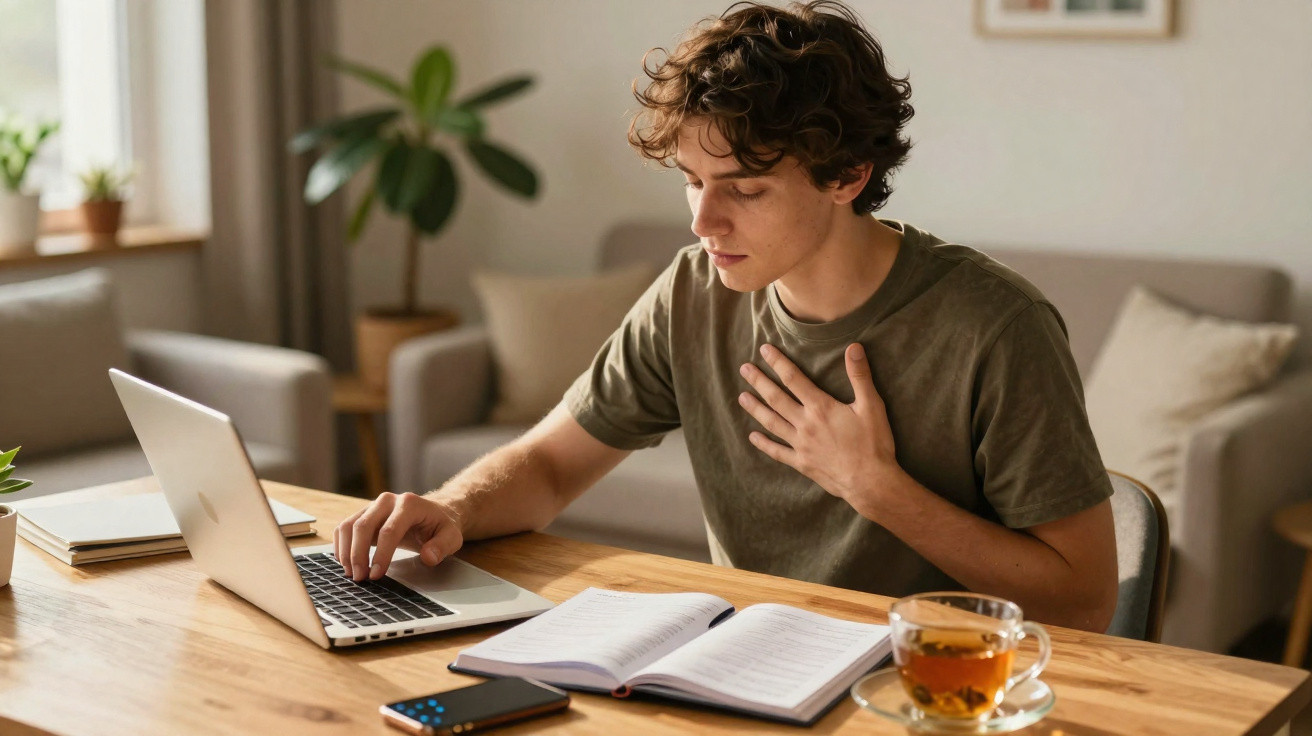 Jovem sentado à mesa a usar portátil com caderno aberto e chá enquanto segura o peito num gesto pensativo.