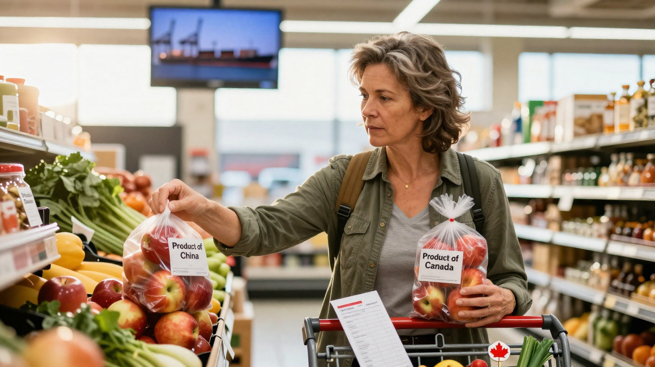 Mulher num supermercado compara maçãs embaladas, rotuladas como produtos da China e do Canadá.