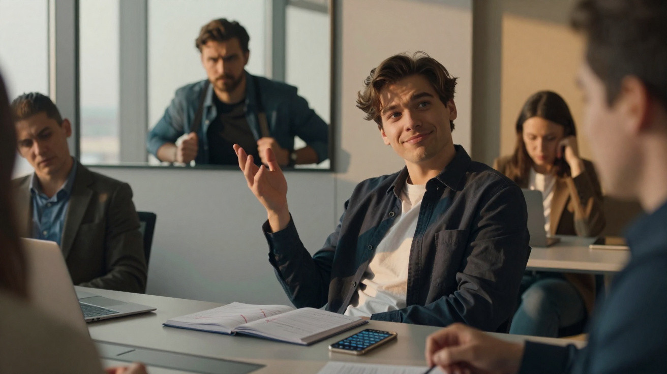 Grupo jovem em reunião de trabalho com homem a falar e anotar num caderno numa sala iluminada pela luz natural.
