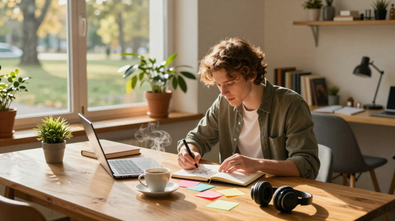 Jovem sentado à mesa a desenhar num caderno com laptop, plantas e post-its à sua volta numa sala iluminada.