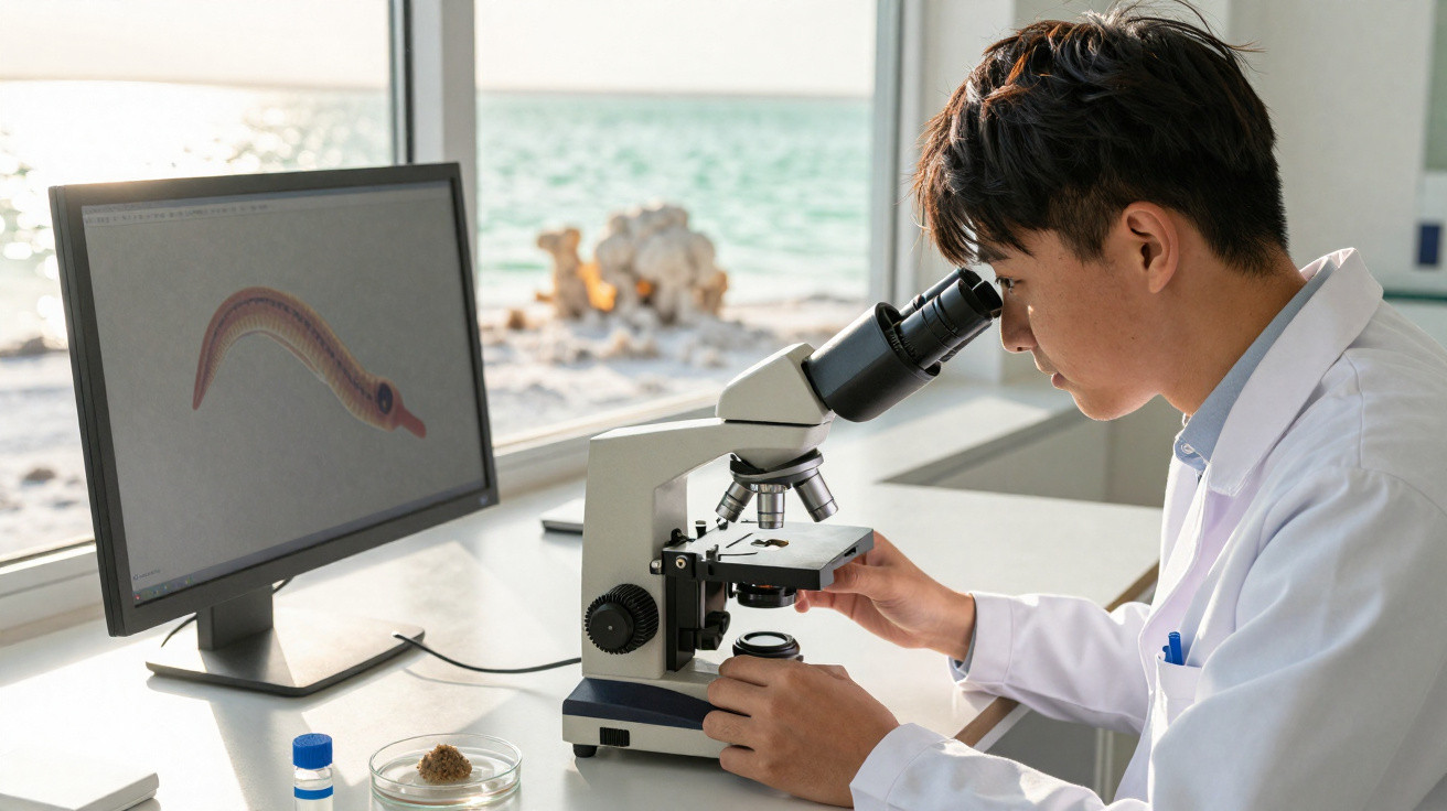 Cientista a observar uma amostra ao microscópio num laboratório com vista para o mar ao fundo.