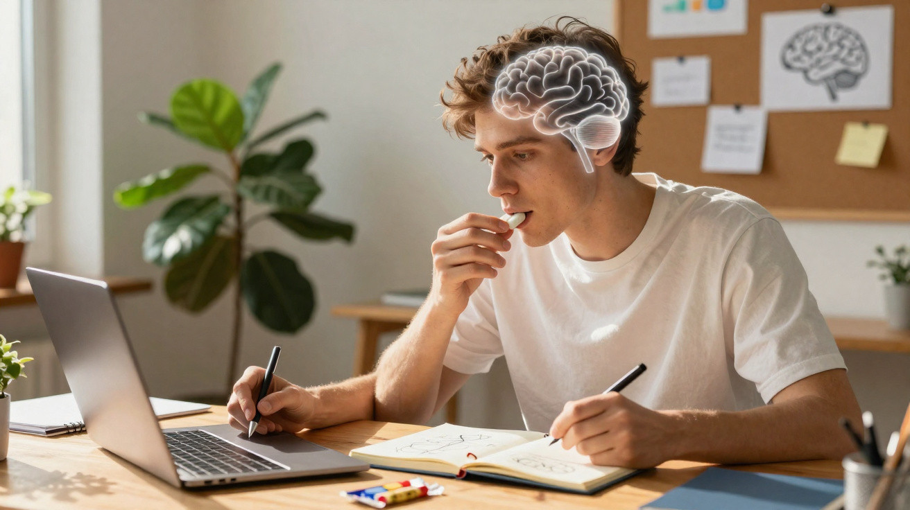 Jovem a estudar com desenho de cérebro luminoso sobre a cabeça, focado em caderno e computador portátil.