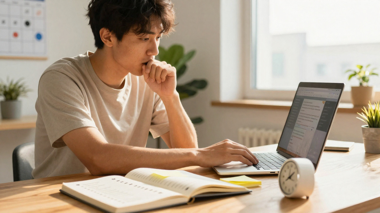 Jovem sentado a trabalhar no computador com caderno aberto e relógio numa mesa junto a uma janela.