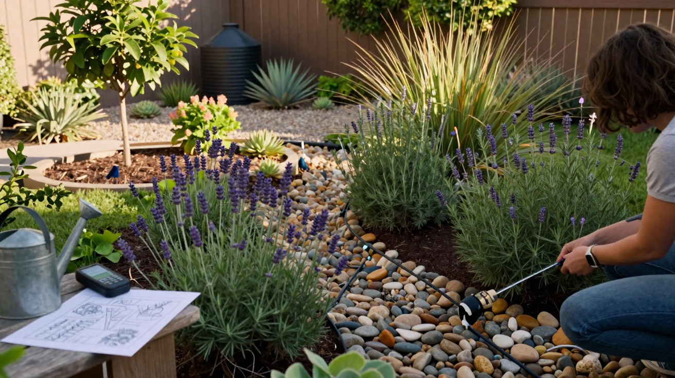 Jardim com plantas diversas, pedras decorativas e pessoa a cuidar das plantas junto a um desenho técnico.