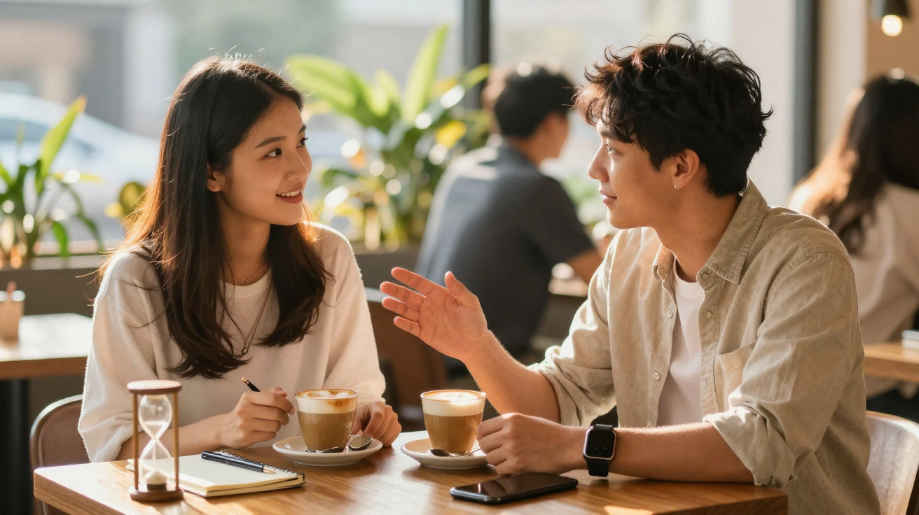 Casal jovem a conversar numa cafetaria com bebidas na mesa e luz natural a entrar pela janela.
