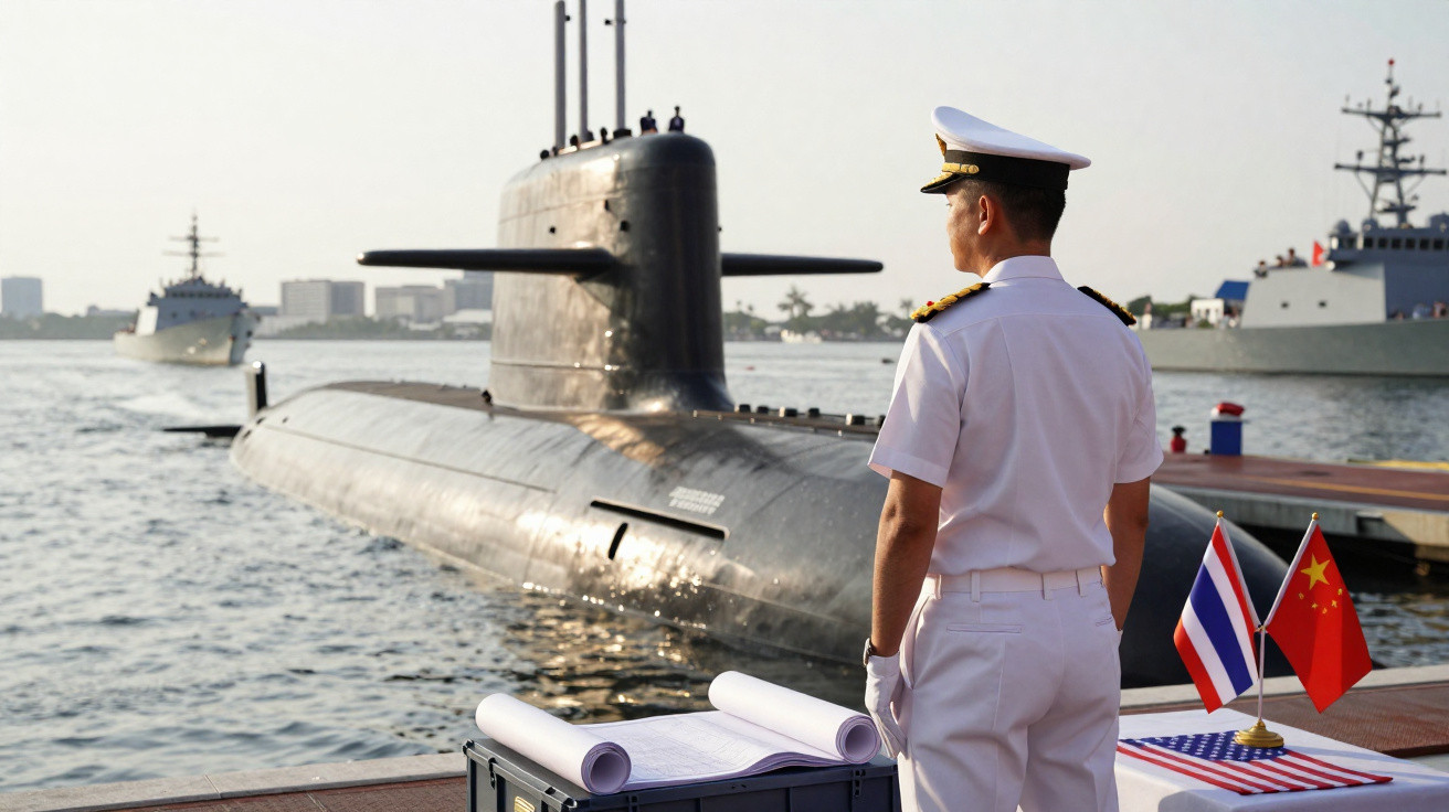 Oficial naval em farda branca observa submarino atracado no cais com bandeiras da China e Tailândia.