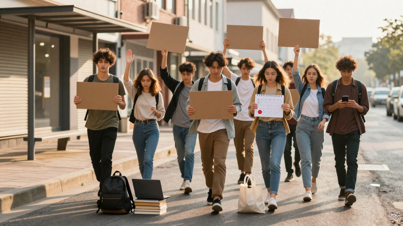 Grupo de jovens protestantes a caminhar numa rua com cartazes e calendários sem mensagens.