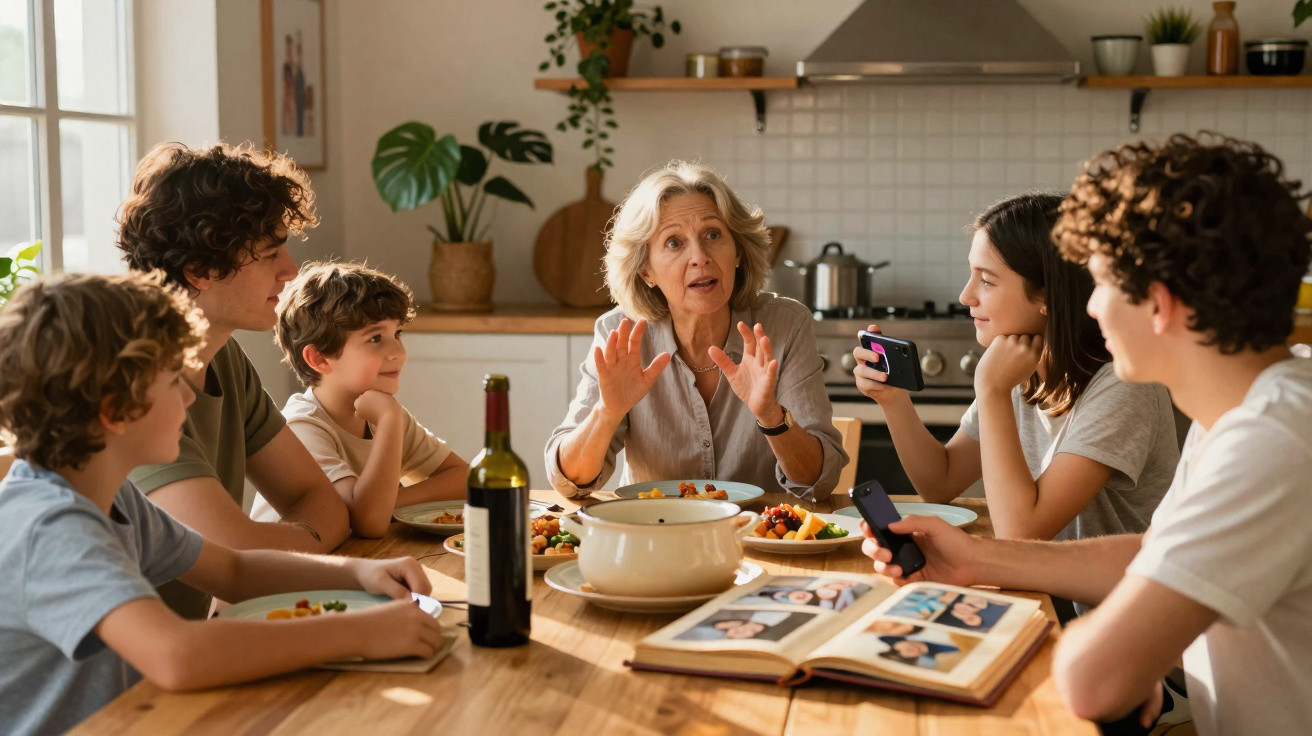 Família reunida à mesa na cozinha, com avó a falar e netos a ouvir e mostrar fotos no telemóvel.