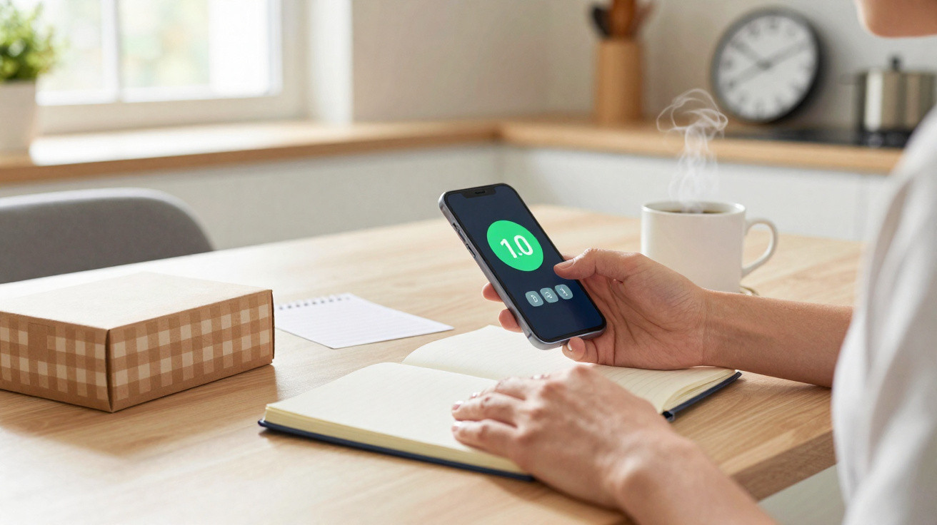 Pessoa segurando telemóvel com app de meditação aberta, livro, caixa e chá quente em mesa de madeira.