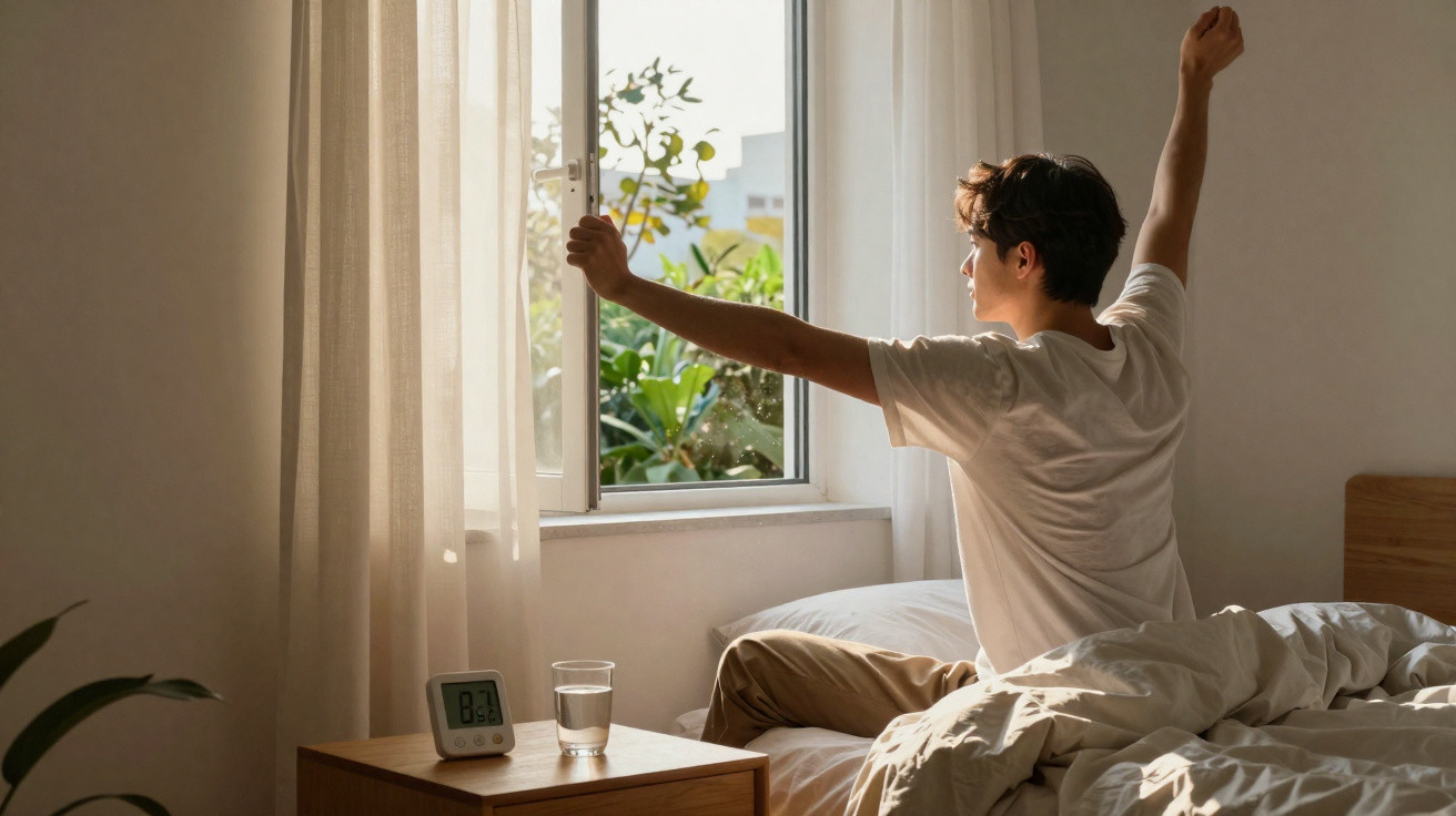 Homem a abrir as cortinas de um quarto iluminado pela luz natural da manhã.