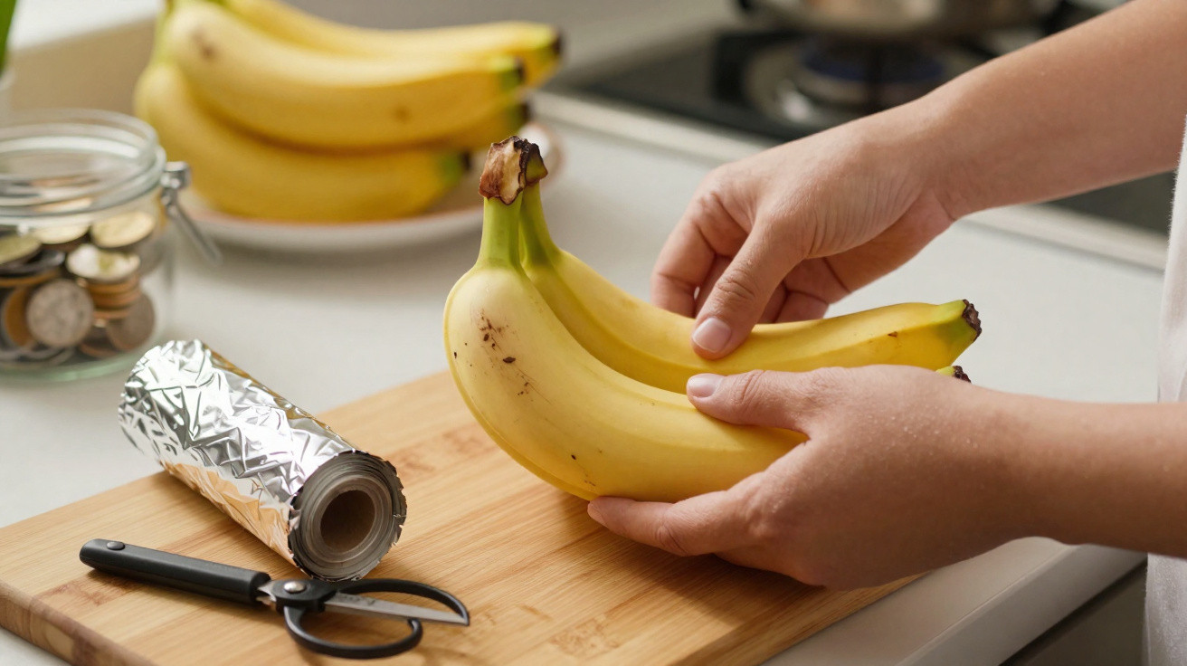 Mãos a segurar três bananas maduras sobre tábua de cortar com tesoura e plástico aderente ao lado.