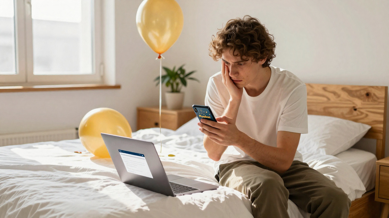 Jovem sentado na cama a usar telemóvel com portátil aberto e balão amarelo ao fundo.