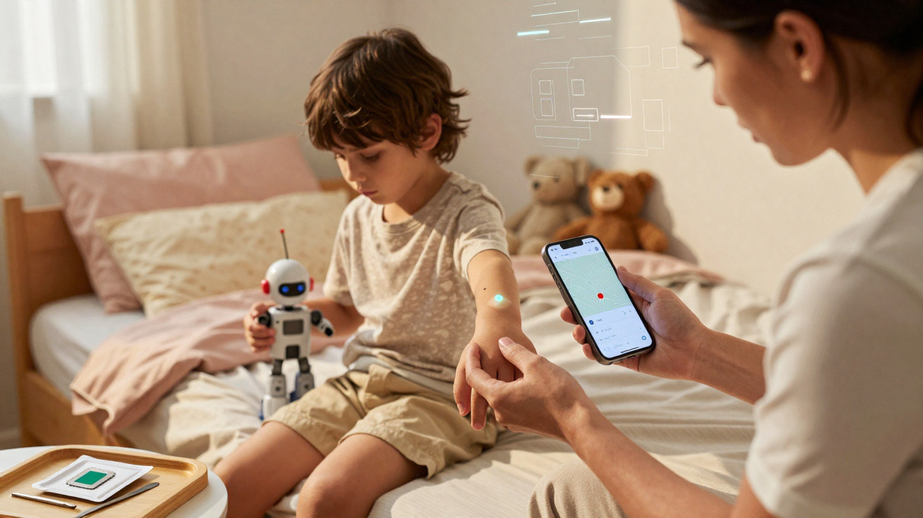 Pai mostra aplicação num smartphone a filho sentado na cama com brinquedo robô num quarto iluminado.