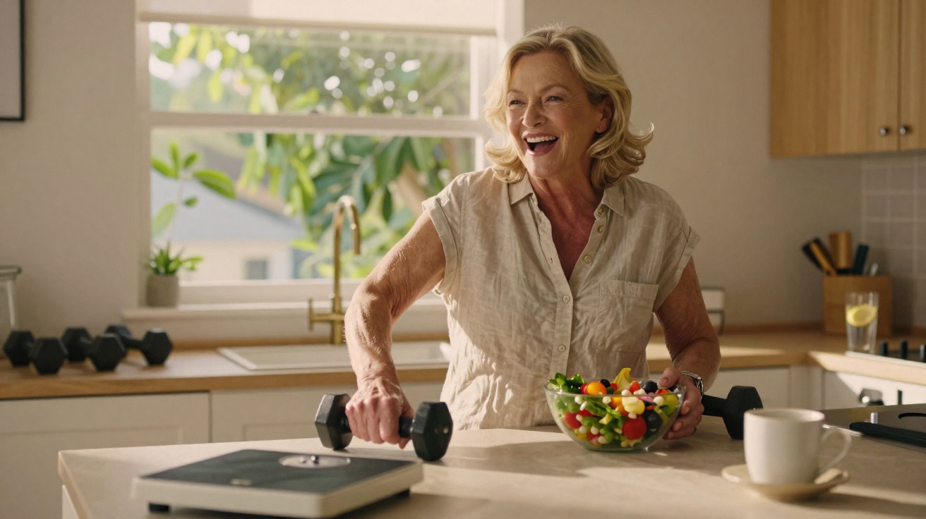 Mulher sorridente exercita-se com halteres na cozinha, com salada, café e água à frente.