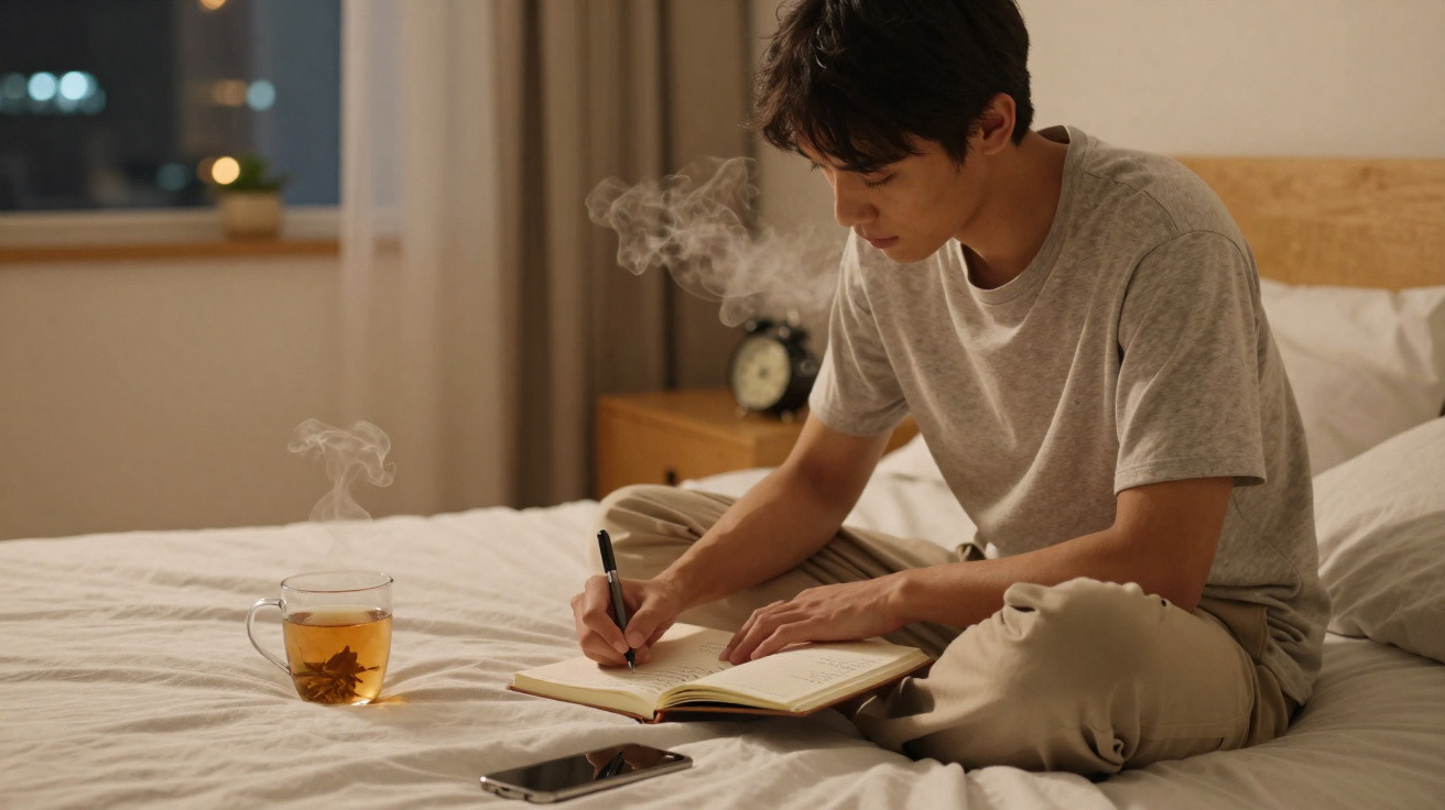 Jovem sentado na cama a escrever num caderno, com chá e telemóvel numa mesa ao lado, à noite.