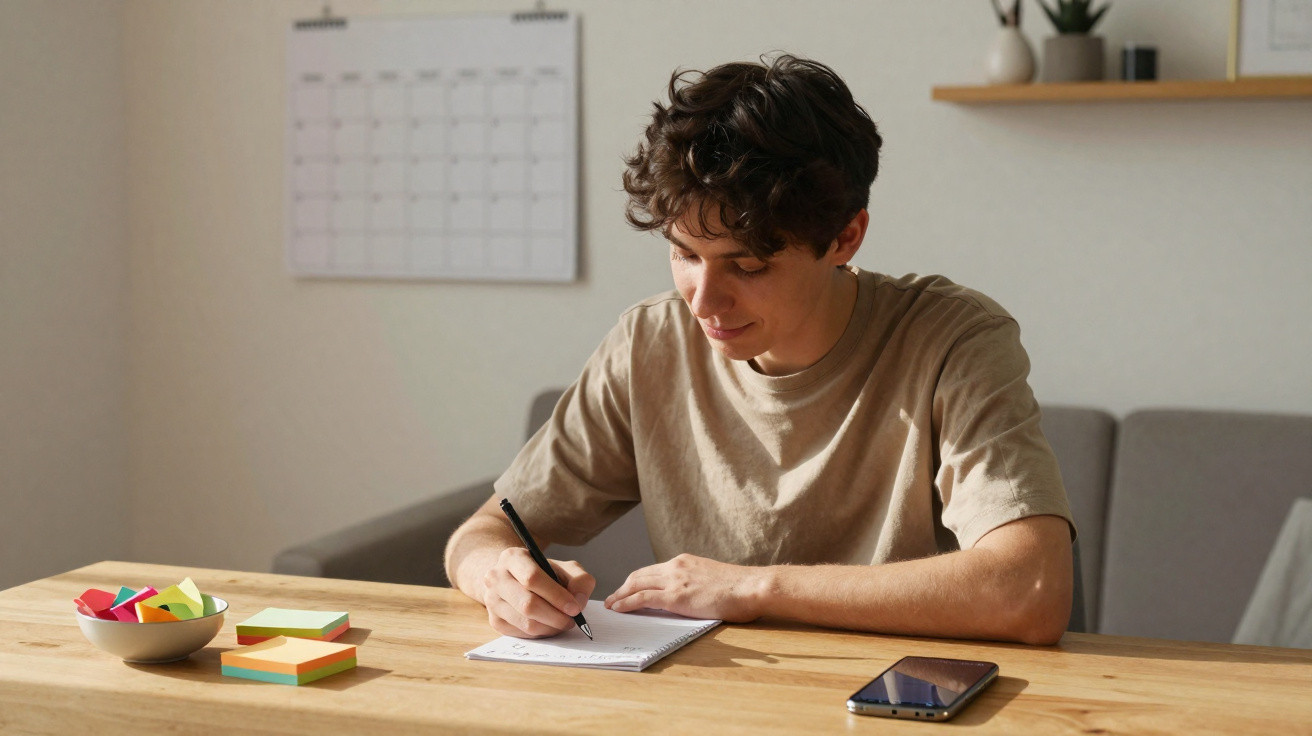 Jovem a escrever num caderno numa mesa com telemóvel, post-its e calendário na parede atrás.