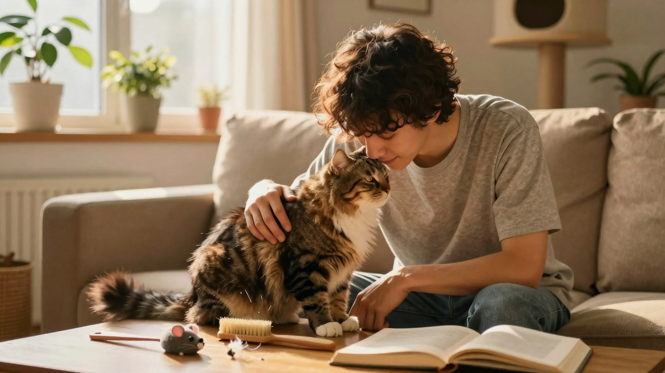 Jovem sentado no sofá acaricia gato felpudo num ambiente luminoso com livro aberto sobre a mesa de centro.