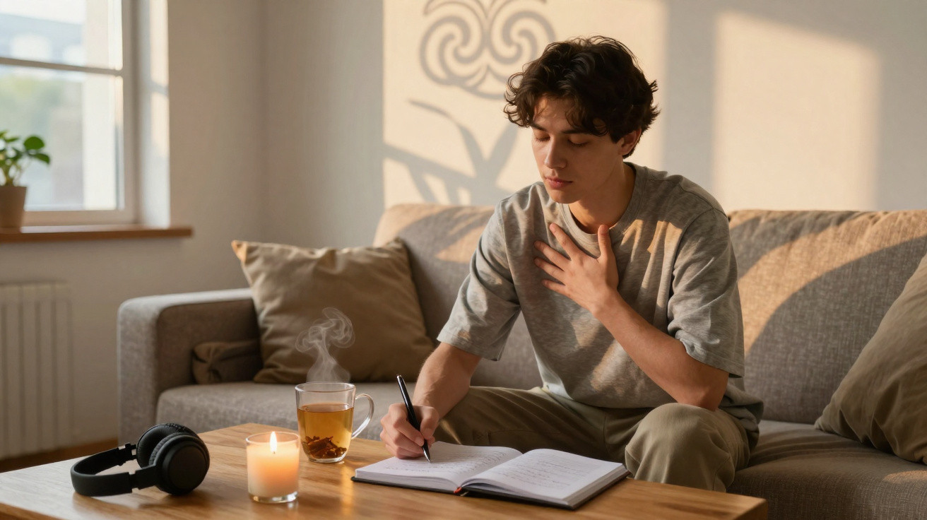 Jovem sentado no sofá, escrevendo num caderno com uma mão no peito, chá quente e vela acesa na mesa.