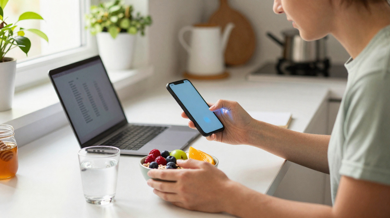 Pessoa a usar telemóvel enquanto toma pequeno-almoço com laptop aberto numa mesa de cozinha.