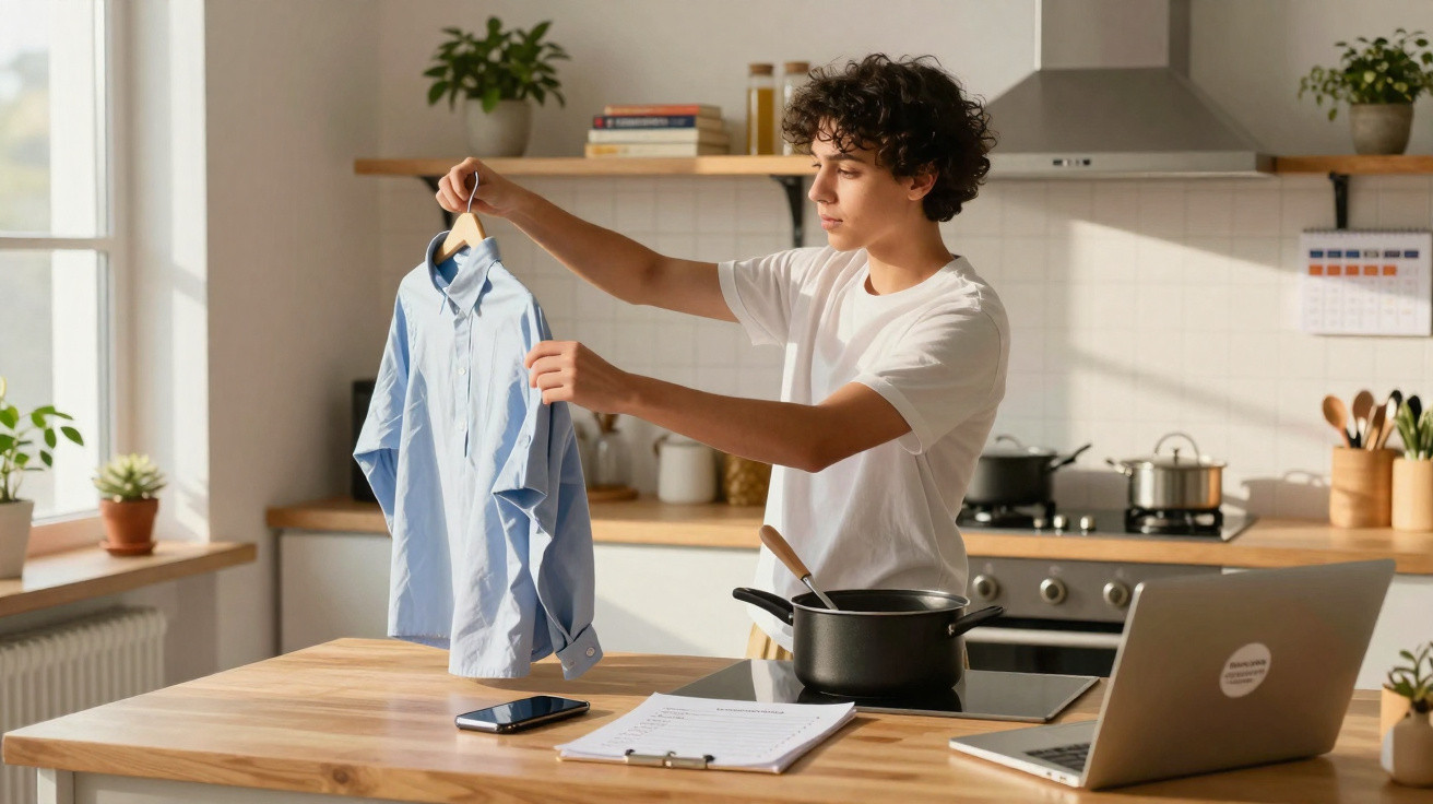 Jovem a segurar camisa azul num cabide na cozinha moderna com panela ao lume e portátil aberto.