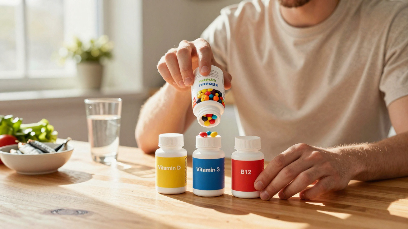Pessoa a verter cápsulas amarelas de vitamina para um frasco etiquetado com Vitamin-3 numa mesa com outros frascos e comida s