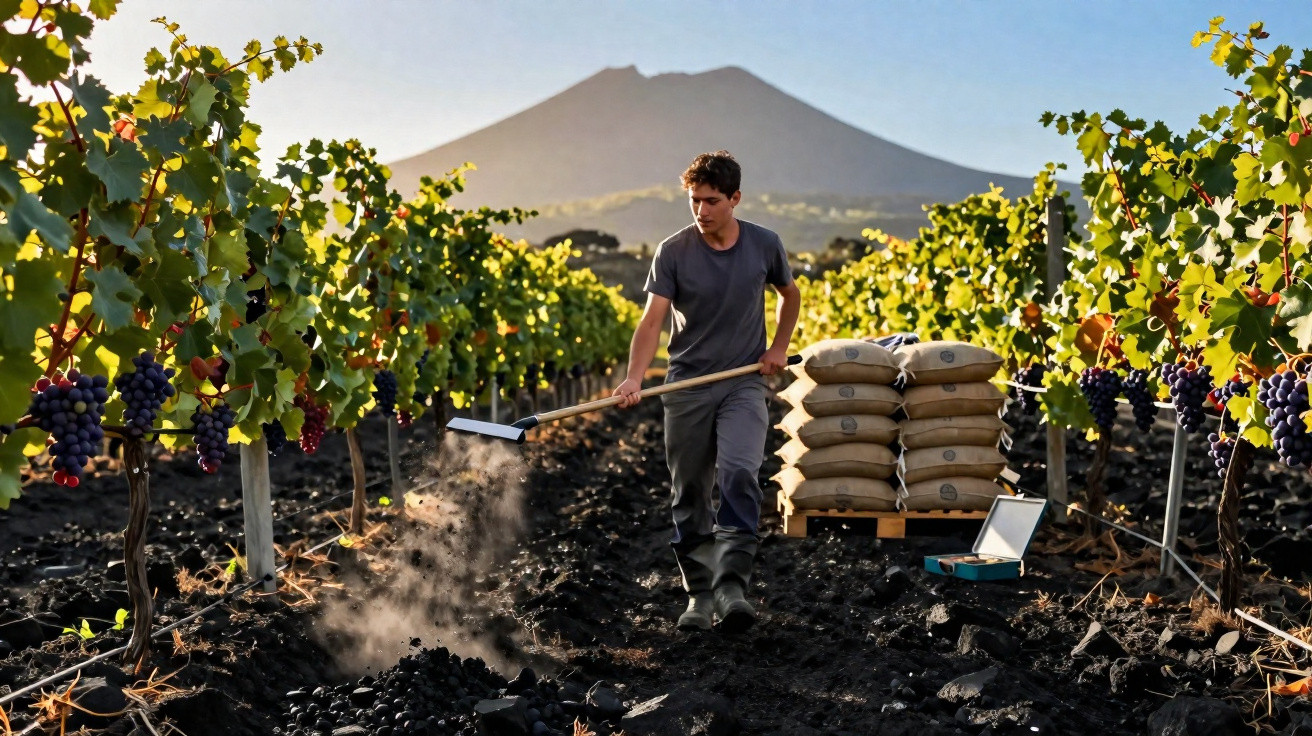 Homem a arejar solo numa vinha com cachos de uvas, com montanha ao fundo ao amanhecer.