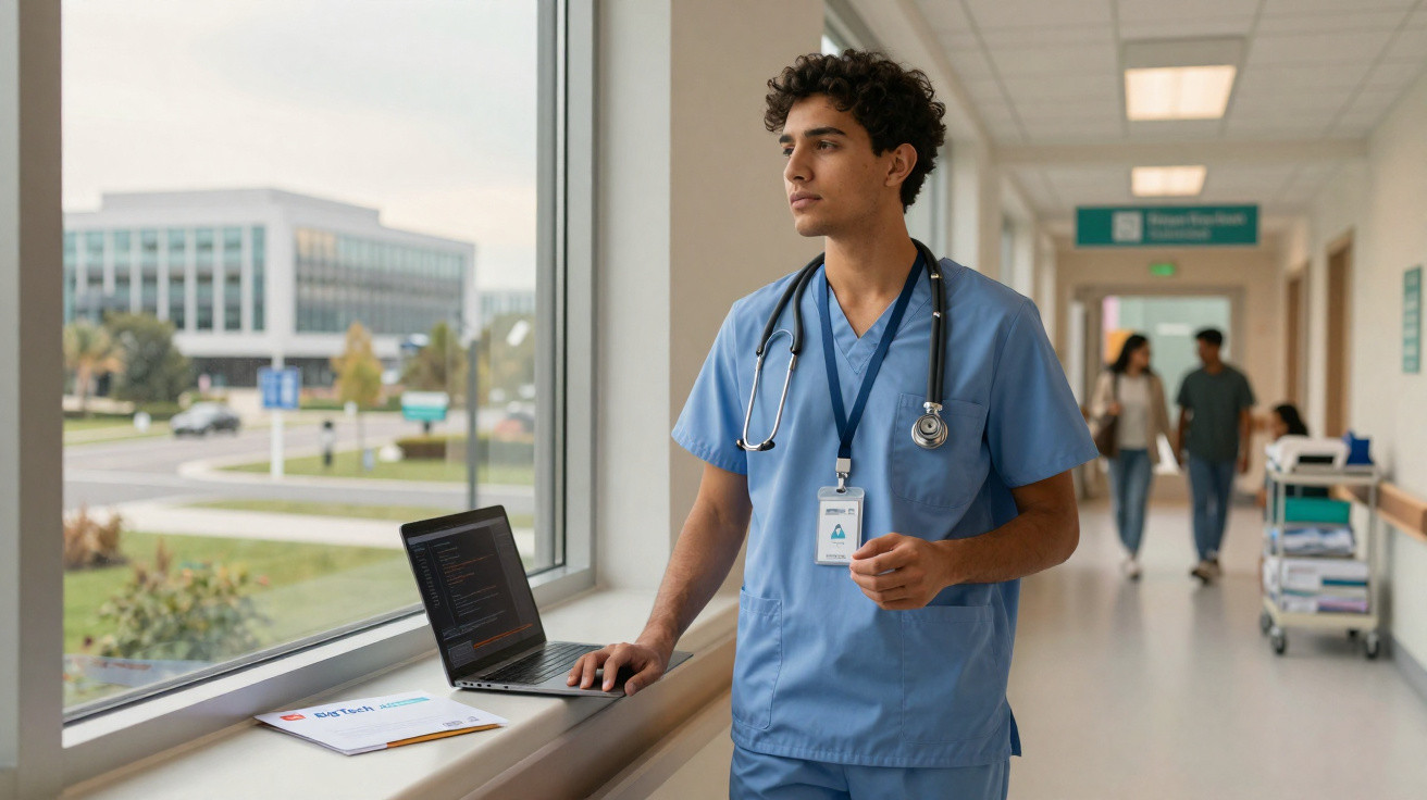 Jovem médico de uniforme azul e bata castanha, com estetoscópio e crachá, está a olhar pela janela num hospital.