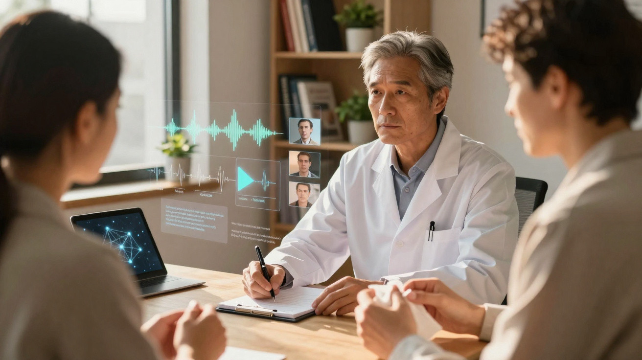 Consulta médica com tecnologia digital, médico a falar com paciente e fazer anotações.